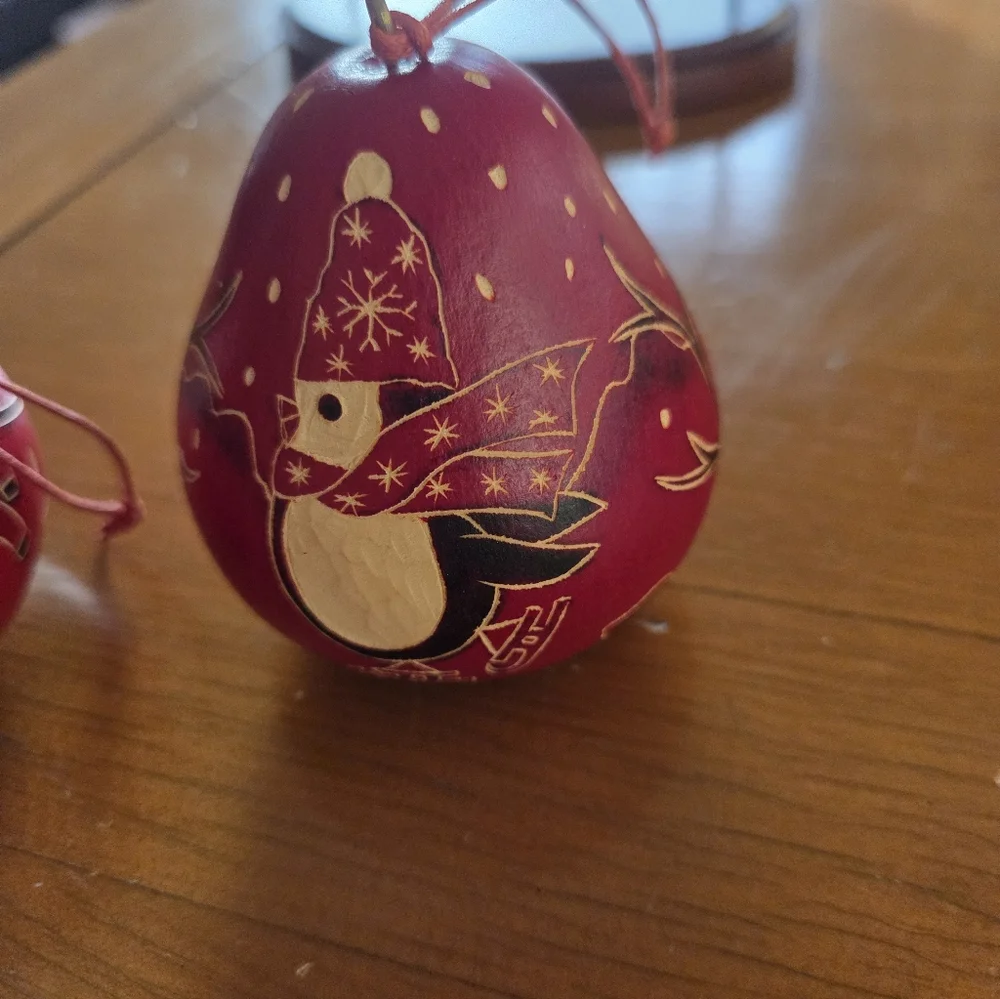 Hand Carved Dried Gourd Ornanent Trio (Polar Bear, Santa & Penguin)